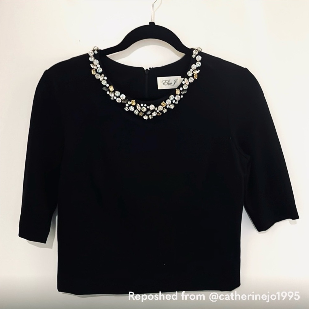 Eliza J Black Jeweled Neck Top Cropped Embellished Cocktail Size 6